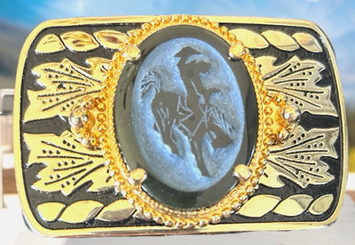 Bucking Bronco Cowboy Carved Stone Cameo Belt Buckle Rodeo Gold Tone Western USA