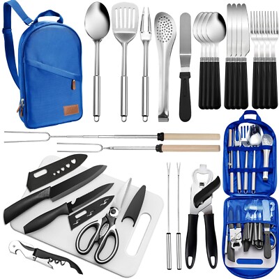 Portable Camping Kitchen Utensil Set-27 Piece Cookware Kit, Stainless Steel O...
