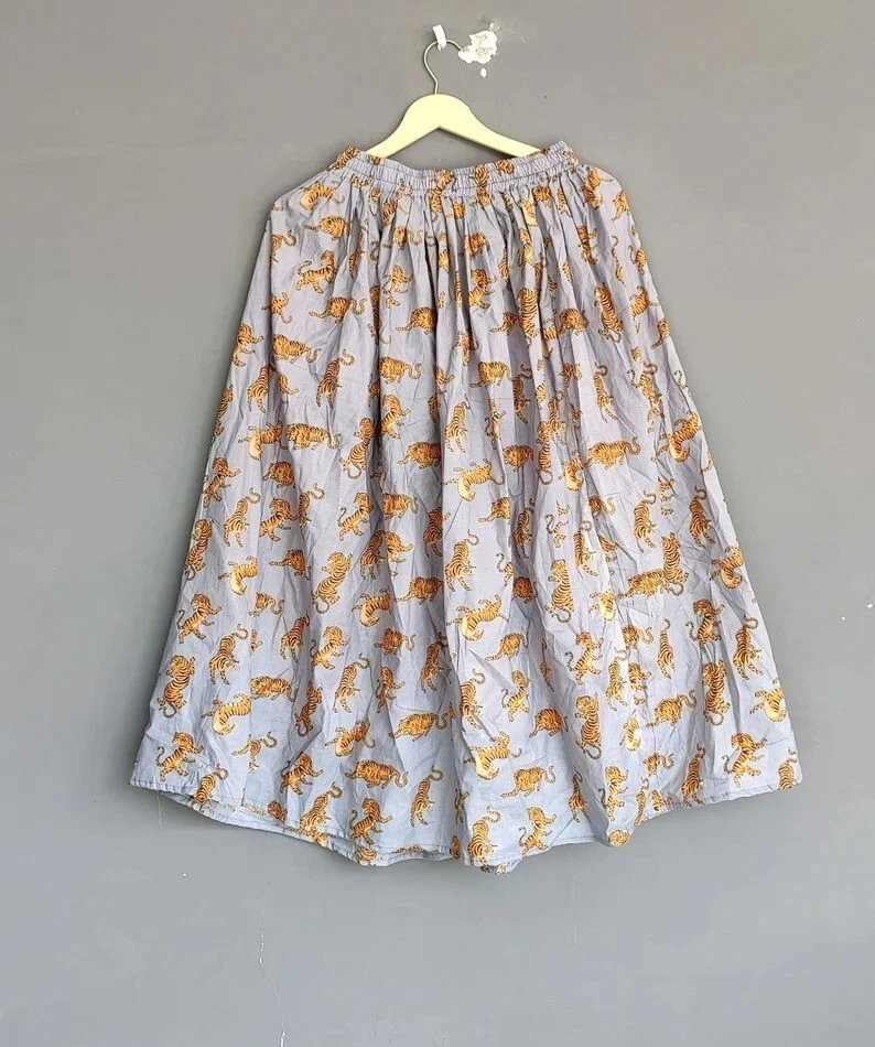 Indian Gray Tiger Print Skirt Cotton Skirt, Long Skirt, Free Size Beach Wear AU