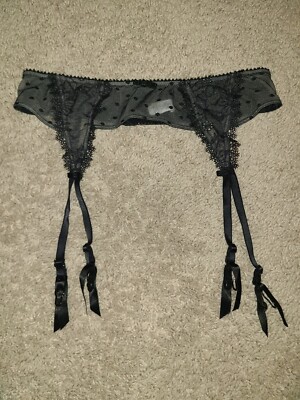 Felina Garter Belt Size S Sexy Swiss Dot Sheer Embroidered Mesh Lace Bows Clips