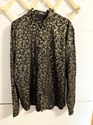 ZEROYAA Men's XL Long Sleeve Paisley Gold Floral Black Button Up Dress Shirt