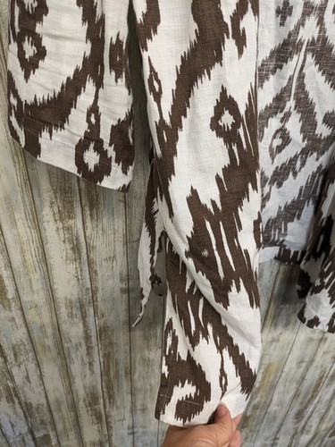 Chico's Linen Cardigan Duster Jacket Open Artsy Brown Cream Ikat Size 3 / XL - Picture 4 of 10