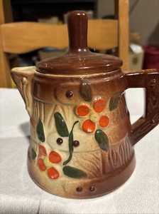 Vintage Bisque Teapot Approximately 8 Inches Tall Orannfe Flowers On Brown Pot
