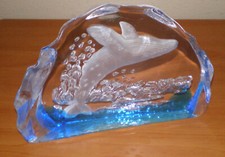 Etched Glass BREACHING Humpback WHALE Ocean Marine Nautical PAPERWEIGHT 8" Heavy