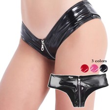 Women Zipper Crotch Boxer Panties Briefs PVC Leather Micro Shorts Underwear N