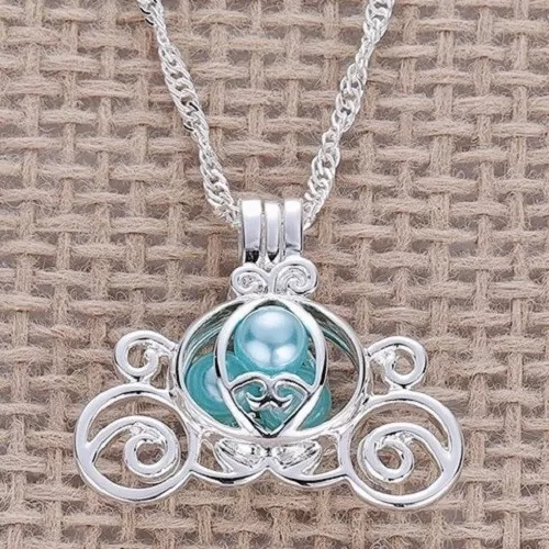 NEW Disney Cinderella Carriage Silver Plated Pearl Beads Cage Necklace