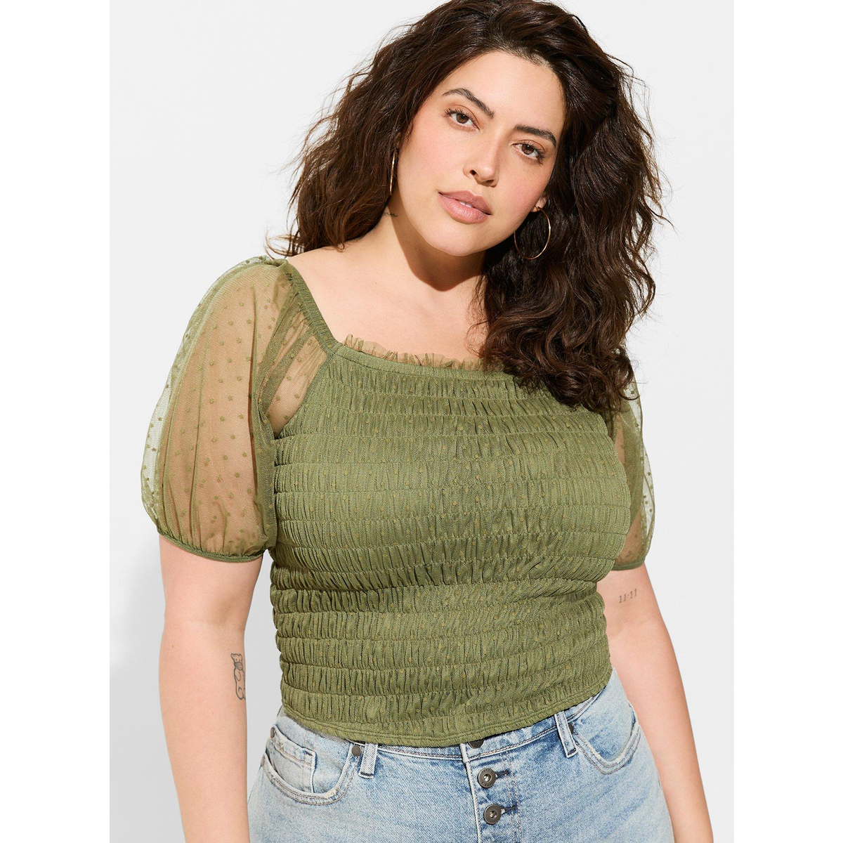 Torrid NEW Olive Green Polka Dot Mesh Smocked Sheer-Sleeve Peasant Crop Top  3X | eBay