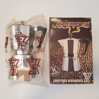 Pezetti Italexpress Moka Espresso Kaffeemaschine 14 Tassen Herdplatte Kaffee Italien Neu aus altem Lagerbestand Vintage