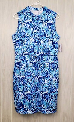 STELLA PARKER UPF 30+ Protection Sleeveless Pool Sun Dress Midnight Blue White M