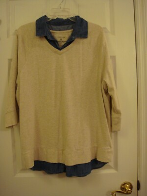 Women's Sonoma Life + Style Layered Look Sweater Tunic Top Cream/Blue Size 1X