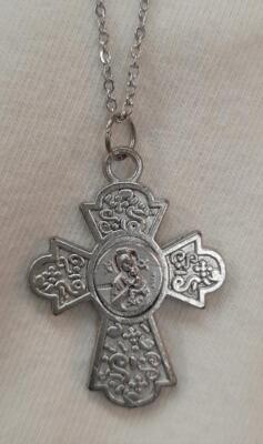 Lovely Petite Our Lady of Perpetual Help Slope-Armed Silvertone Cross Necklace