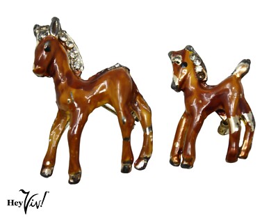 Two Vintage Horse Pony Scatter Pins Set Enamel w Rhinestones  1.5'' - Hey Viv