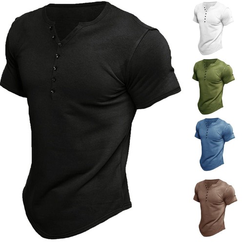 Henley T Shirt Mens Solid Color Short Sleeve Casual Button Vintage T-Shirt Dress - Picture 1 of 18