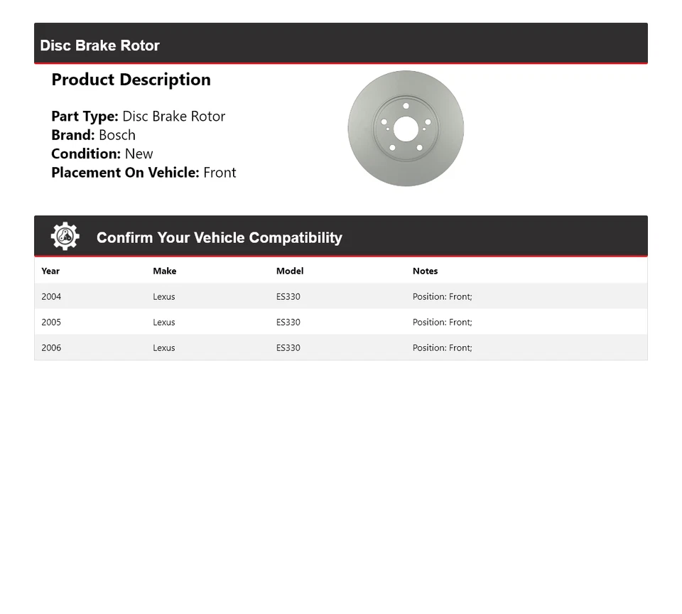 Rotor de freno de disco delantero 2005 para Lexus ES330 2004-2006 Bosch QuietCast Foto 2 de 4