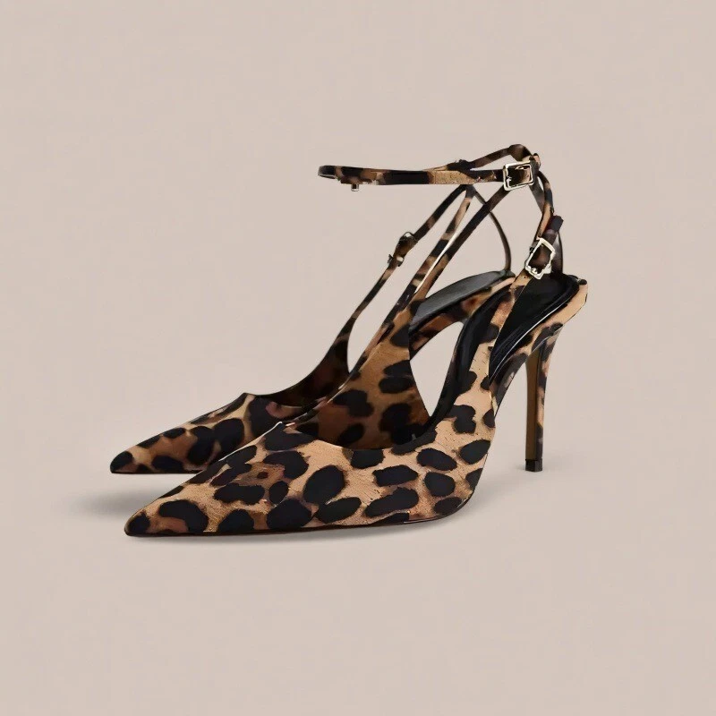Runway Women Pointed Toe Slingback Sandal High Stiletto Heel Leopard Print Shoes Foto 2 de 4