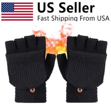 Men Women Winter Faux Wool Gloves Knitted Convertible Mittens Flap Fingerless US
