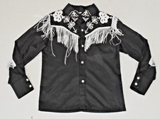 Vintage Western Shirt Youth L 90s Black Polyester Fringe Yoke Detail Snaps