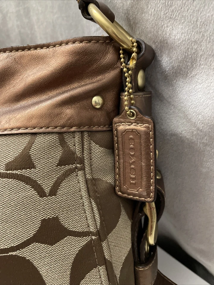 Bolso Hobo Bolso Cartera Bolso de Mano Vintage Y2K COACH Marrón Firma Jacquard Cuero Metálico Foto 3 de 4