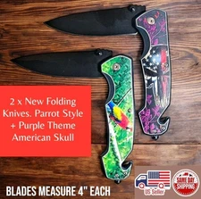 2 × New Folding Pocket Knife Lot. Parrot Print + Purple Themed Flag Skull  Print