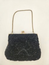 Vtg Black Beaded Evening Bag Purse Flower Kiss Lock Gold Chain Handle Hong Kong