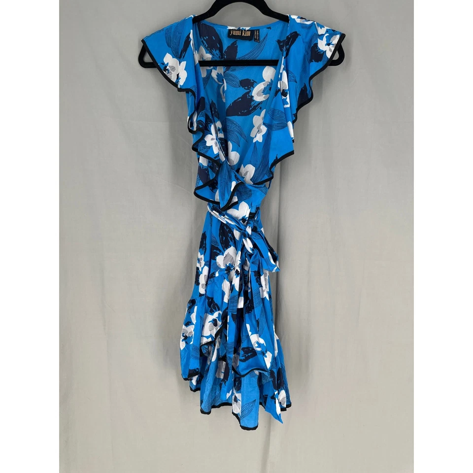 Yumi Kim Dress Womens XS Blue Floral Mini Silk Wrap Ruffle Boho Party V Neck - Image 3 of 4