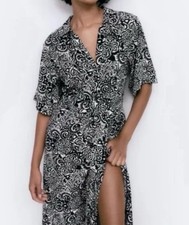 ZARA Black Ivory Paisley Midi Shirt Dress Womens S NWT Belted Button Front
