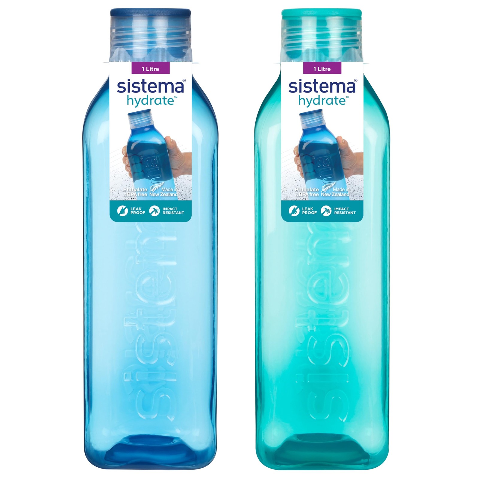 Sistema Square Water Bottles | 1L | Leakproof Kids Water Bottles | Ocean Blue & Minty Teal | 2 Count - Image 2