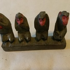  Vintage Wooden Carving Of The 4 Wise Monkeys See Speak Hear Do No Evil Folk Art