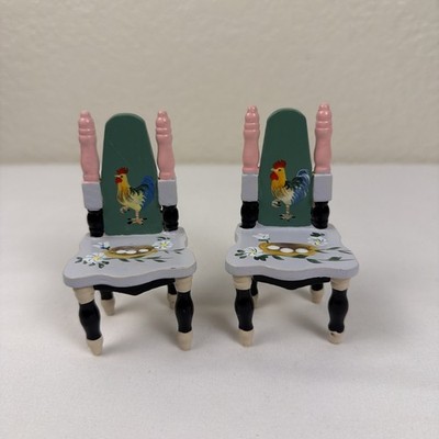 Eye Candy Miniature Dollhouse Hand painted Wood Furniture Rooster Two Chairs