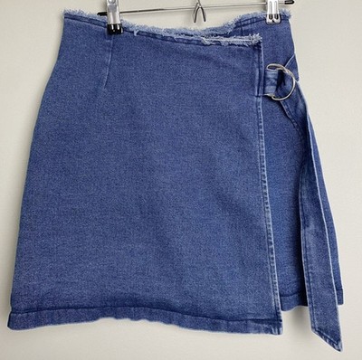 Emory Park Blue Denim Wrap Mini Skirt w D-Ring Buckle