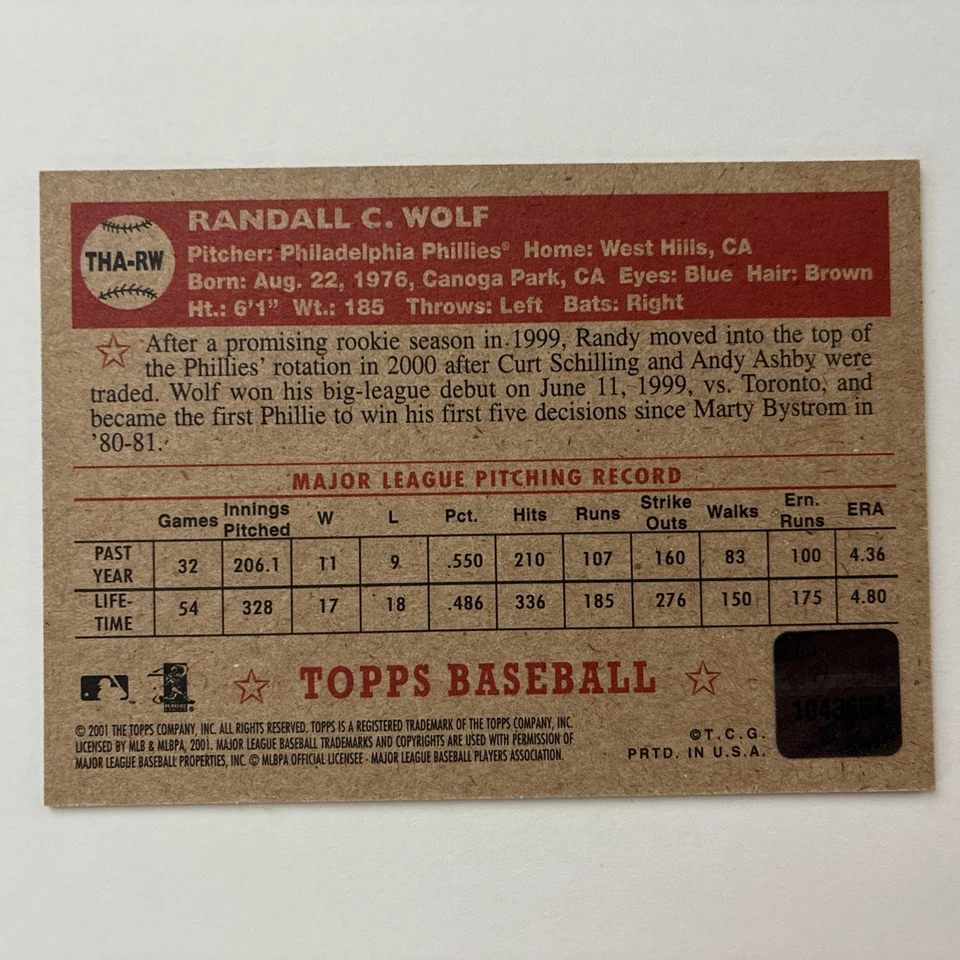 Autógrafo Topps Baseball Heritage 2001 Randy Wolf #THA-RW Foto 3 de 4