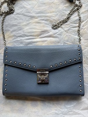 MCM Patricia Large Studded Blue Leather 9  Crossbody Shoulder Chain Bag w/COA