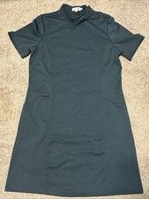 Molly Bracken Large Dark Green Casual Dress Mock Neck Bow Shoulder Buttons