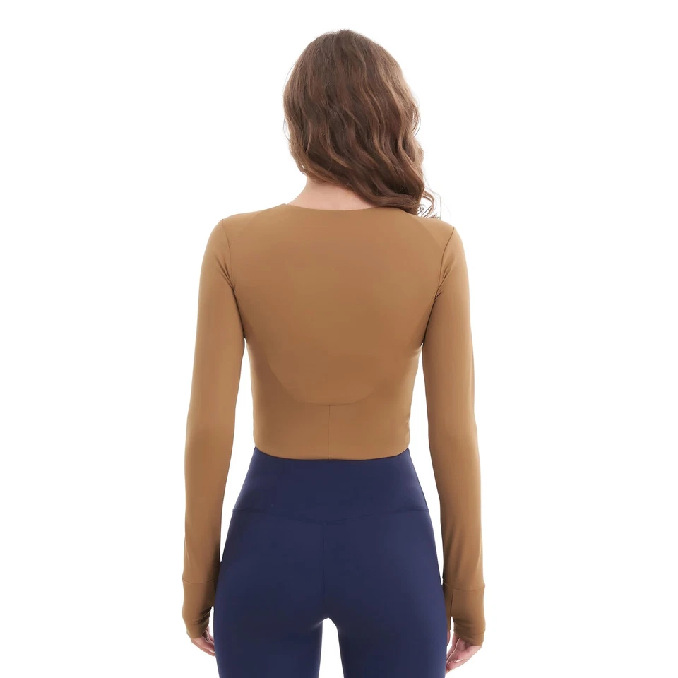 T-shirt de sport Fitness pour Femme Manches Longues Respirant Marron L - Photo 3/4