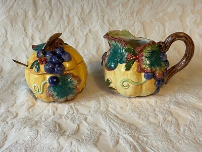 Fitz & Floyd Pumpkin Grape Leaves Creamer Sugar w/Lid & Spoon 1993 Fall Harvest