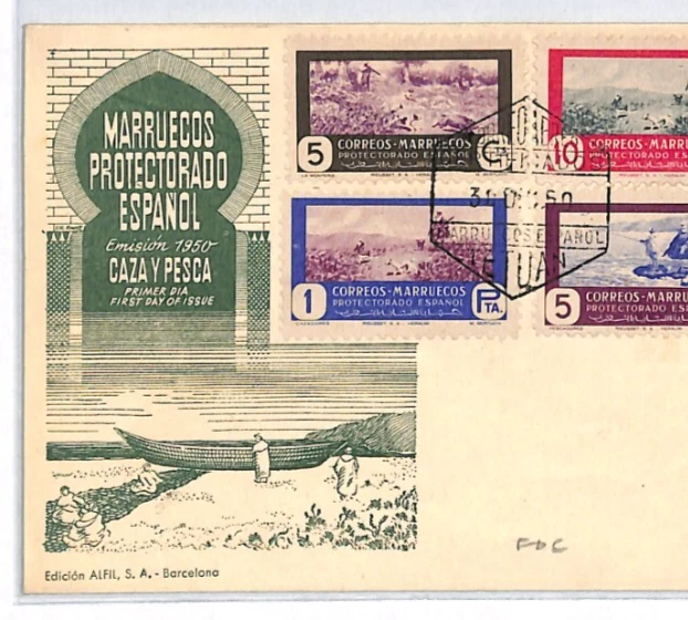 SPANISH MOROCCO FDC 1950 *CAZA PESCA* ILLUSTRATED First Day Cover FISHING XP199 - Image 4 of 4