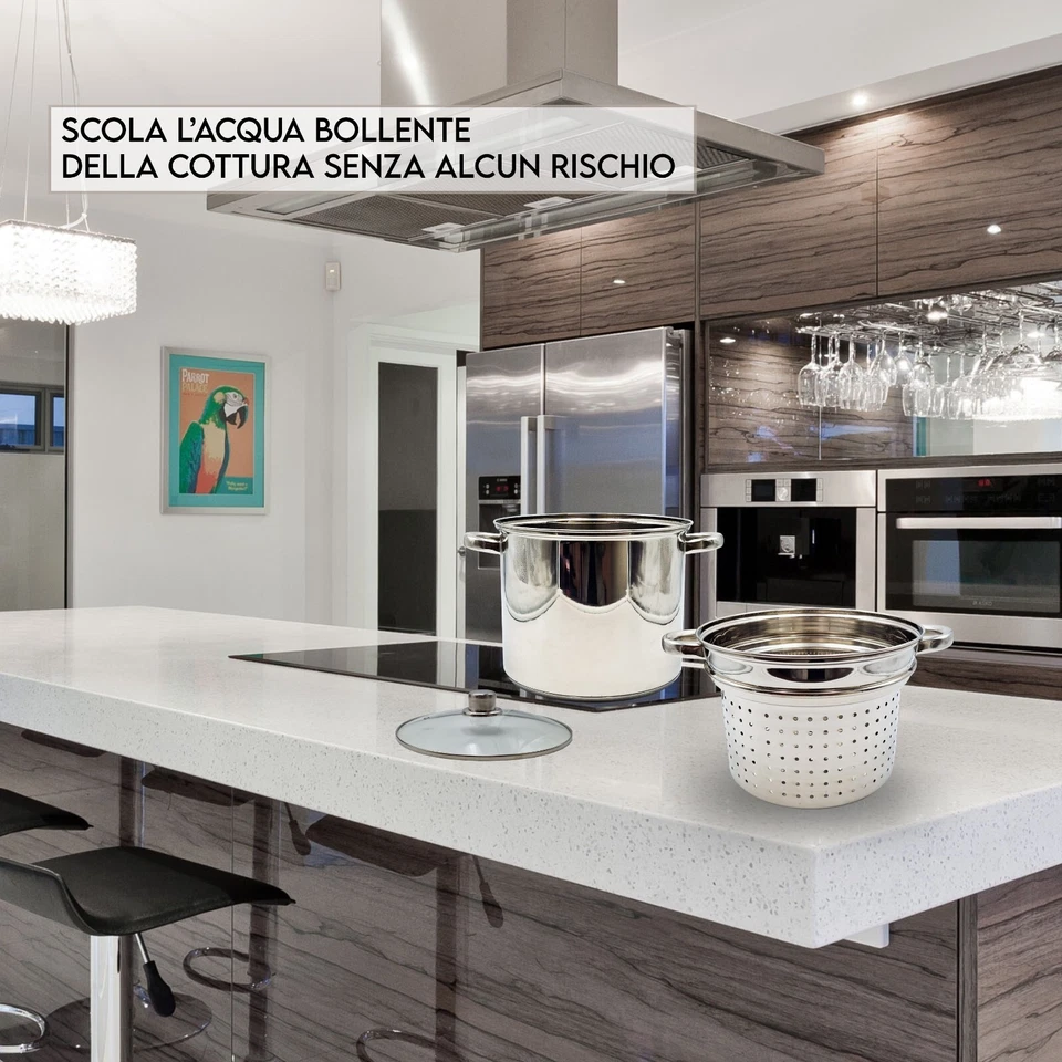 Cuocipasta Pentola Scolapasta con Coperchio e Manici in Acciaio Inox - Immagine 2 di 4