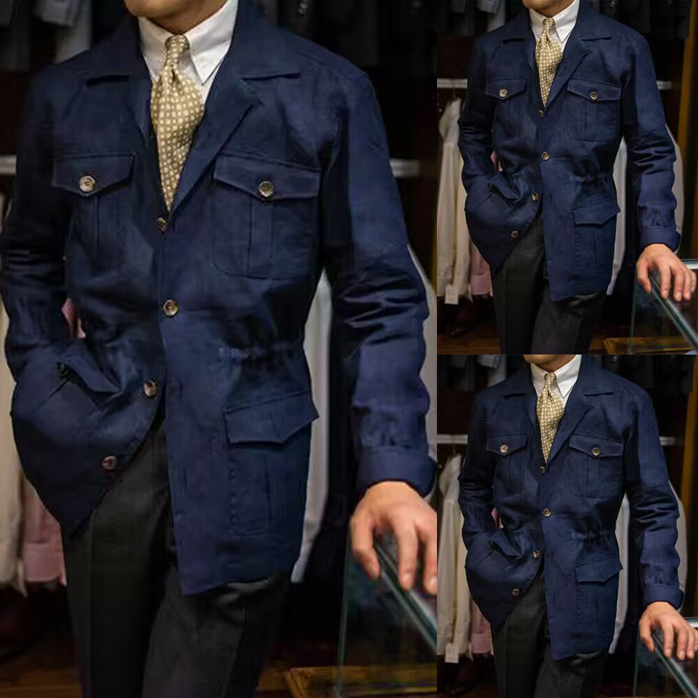 Navy Blue Men Safari Jacket Pockets Wedding Casual Outdoor Hunting Coat  Pant