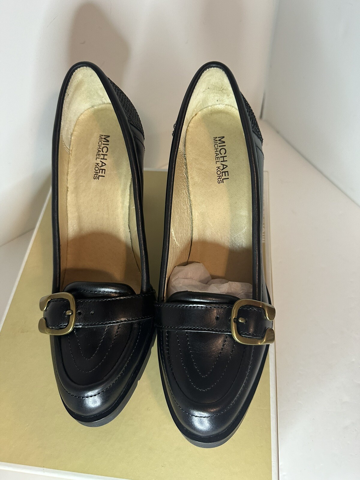 Michael Kors MK Black Leather TRENTON Penny Loafer Heels Size 10 thumbnail 3