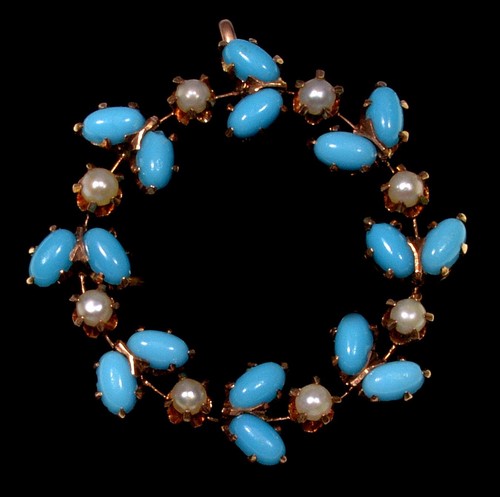 ANTIQUE VICTORIAN 14K GOLD NATURAL TURQUOISE PEARL PIN PENDANT C.1880 - 第 1/5 張圖片