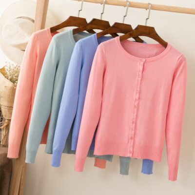 New Woman Single Breasted Sweater Tops Knitted Long Sleeve O-Neck Loose Cardigan