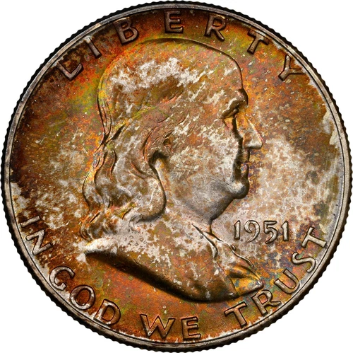 1951 Franklin Half Dollar 50c NGC MS 67 CAC Rainbow Toned