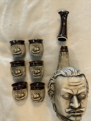 Trinkset Gesicht /Schiffe Stil Becher selten Vintage Set ausgefallen 6 Tassen und Halter 