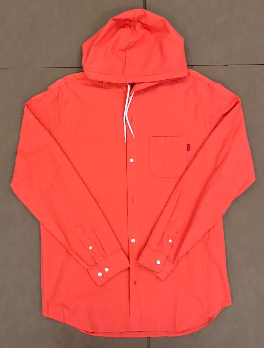 SS15 SUPREME HOODED SEERSUCKER BUTTON UP SHIRT CORAL PEACH SZ XL