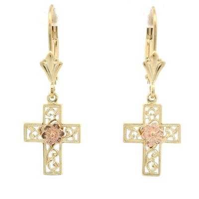 Beverly Hills 14k Yellow & Rose Gold Floral Work Cross Dangle Drop Earrings