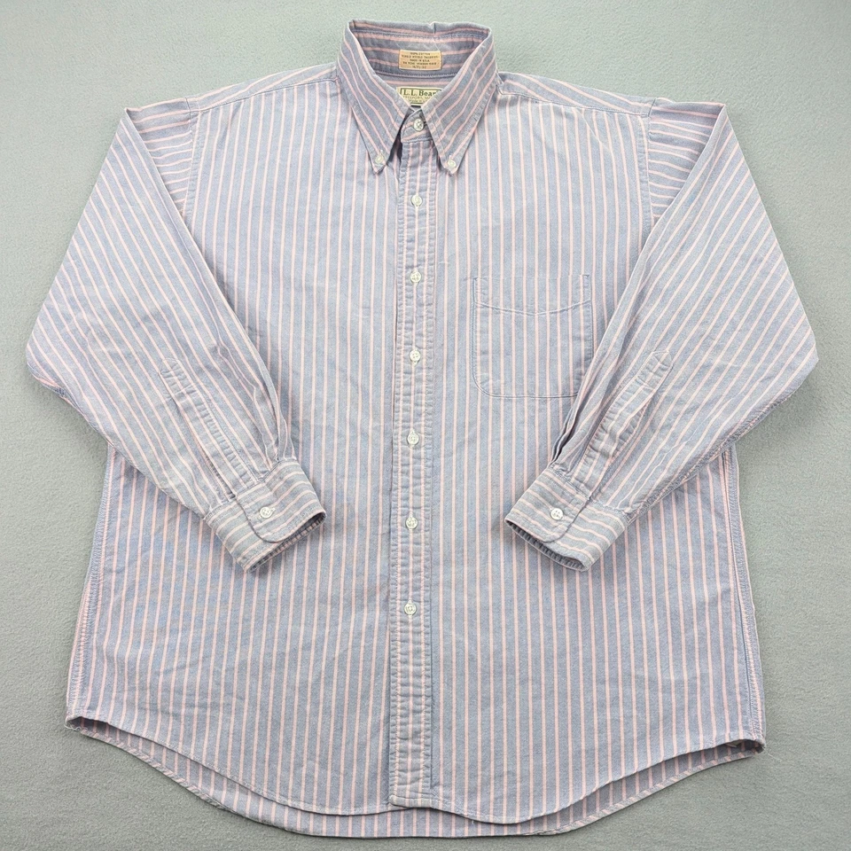 Vintage LL Bean Shirt Mens Medium Blue Pink Stripe Button Down Made USA 80s - Image 2 of 4