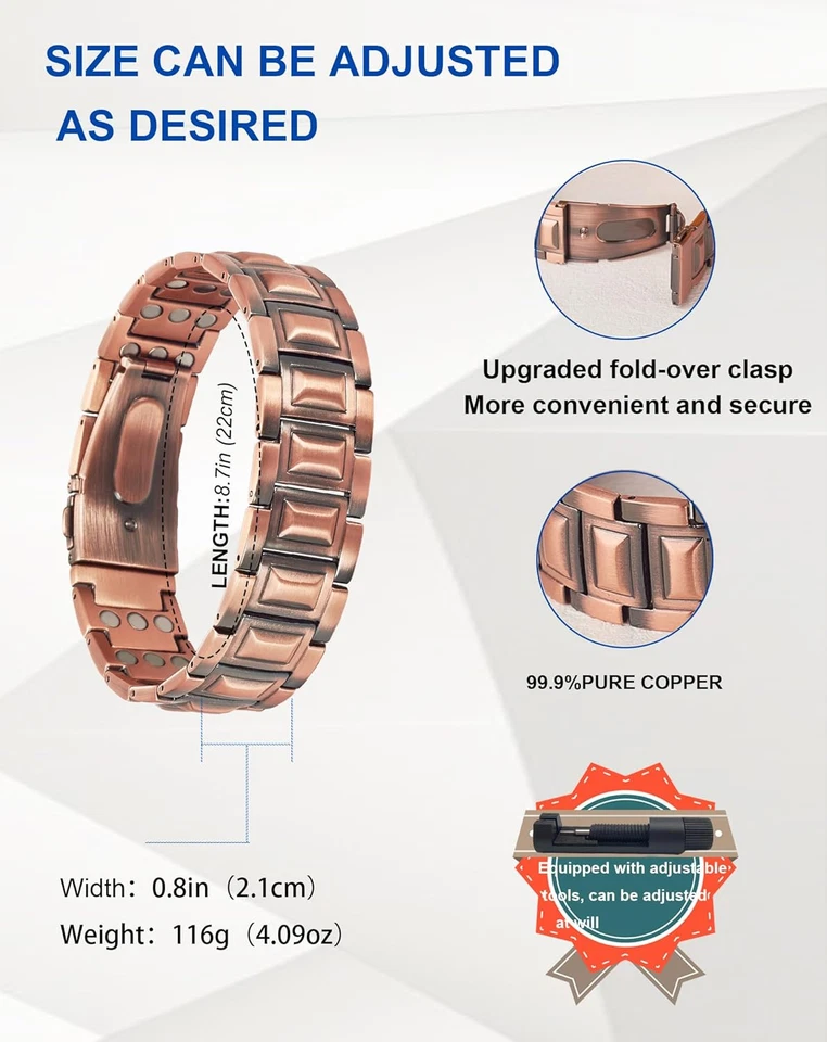 男士铜手链,纯铜磁性手链带三排 3500 Gaus — 第 2/4 张图片