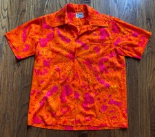 VTG 50s 60s Casual Aire Hawaiian Shirt Medium Loop Collar Paisley Neon Orange