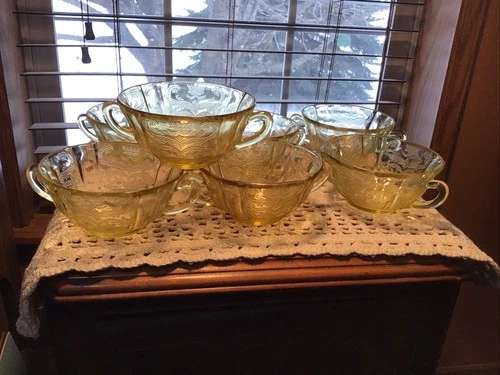 7 Depression Federal Glass Madrid Yellow Handled Cream Soup Bowls