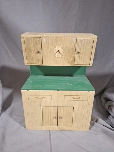 VTG 1950s Wolverine Tin Wood Look Kitchen Hutch~Green & Wood Tone~Cabinet~Toy